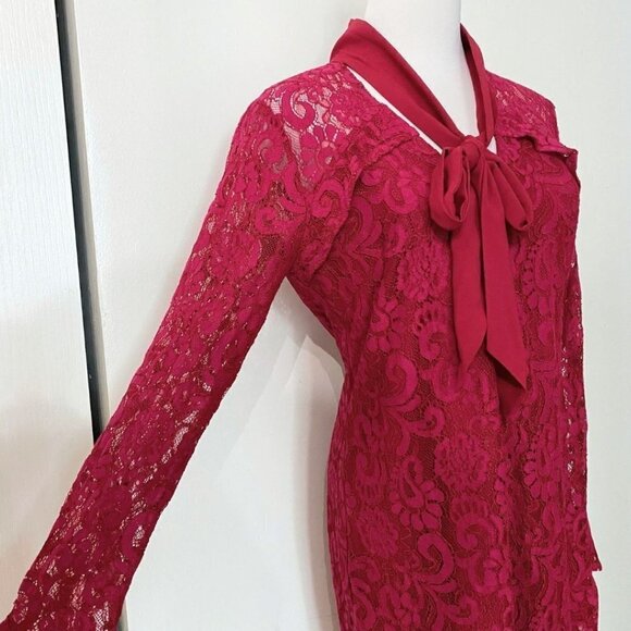 NWT ADELYN RAE RASPBERRY RED TIE NECK LACE LONG SLEEVE COCKTAIL DRESS - S - Picture 4 of 11